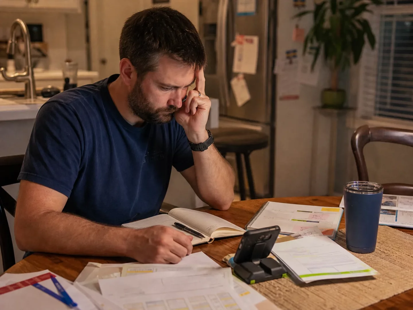 Home service owner reviewing an after hours call plan at a kitchen table