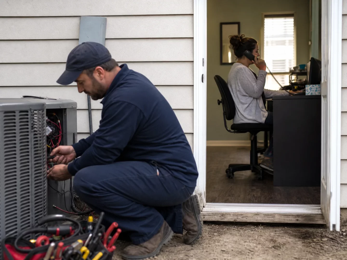 Home service technician working while an office receptionist handles a call