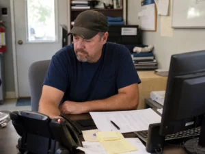 Home service owner reviewing missed calls beside a work schedule