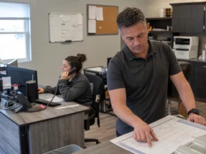 Home service owner reviewing appointments while a receptionist takes a call