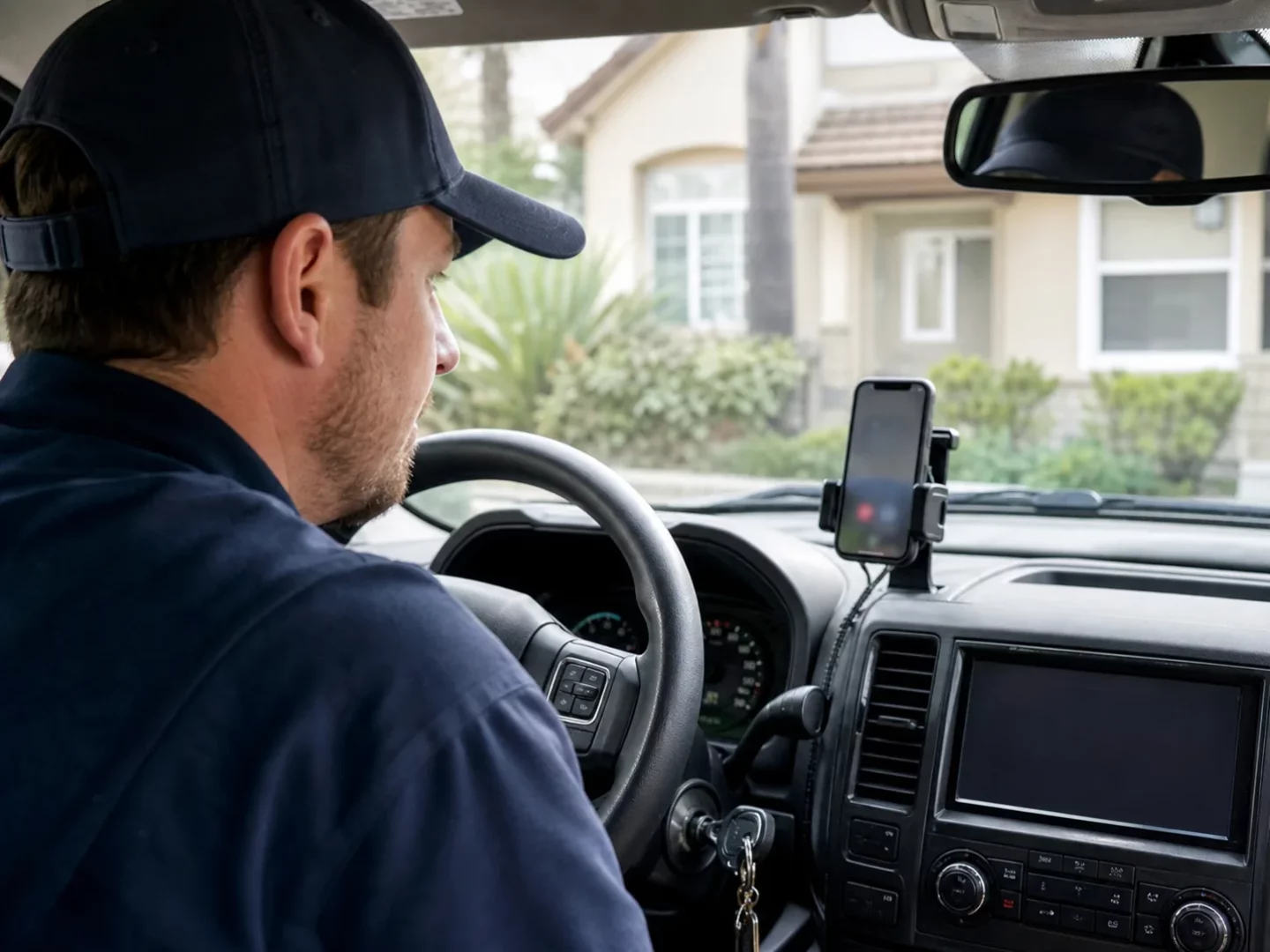 Home service technician receiving a call alert while safely parked